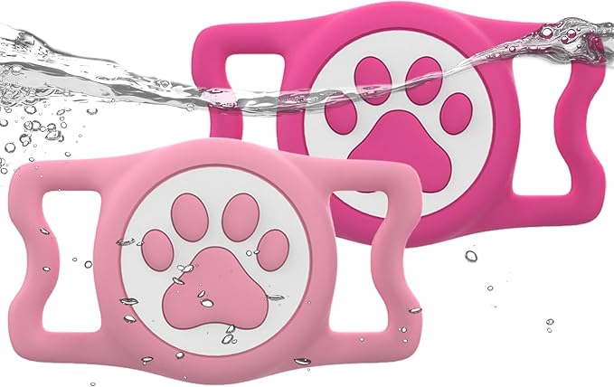 IP68 Waterpoof Dog Airtag Holder, Stretchy Silicone Full Body Covered Apple Air Tag Holder for Dog Cat Collar Fit All Width Collar (Pink/Rose, 2 Pack)-Mewly Pet