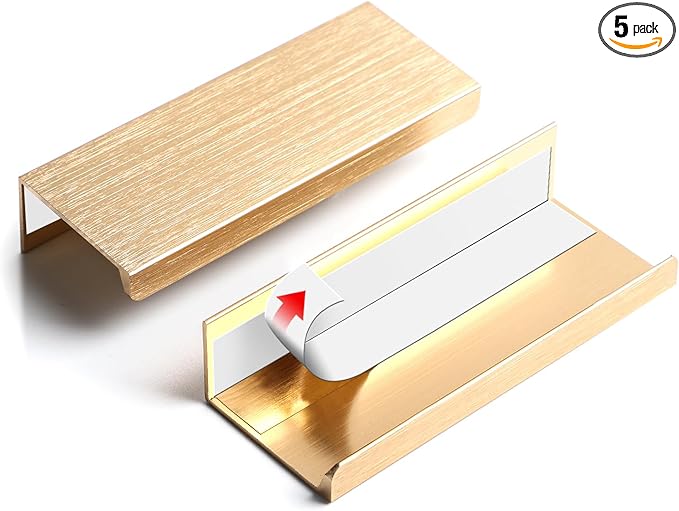 5 Pack 3 inch self Adhesive Cabinet pulls Stick on Handles Gold Adhesive Cabinet Handles Finger pulls Drawer Edge pulls Finger pulls for cabinets Concealed Seam Handles Flat