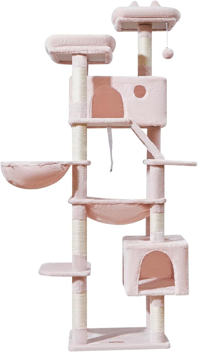 Taoqimiao Cat Tree 71-Inch, Cat Tower for Indoor Cats Large Adult, Multi-Level Large Cat Condo, 8 Sisal Scratching Posts, Metal Frame Cozy Hammock, Scratch Board, 2 Top Perches, Jelly Pink MS026LP-Mewly Pet