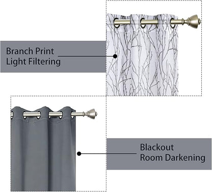 BONZER Mix and Match Curtains - 2 Pieces Branch Print Sheer Curtains and 2 Pieces Blackout Curtains for Bedroom Living Room Grommet Window Drapes, 54x63 Inch/Panel, Light Grey, Set of 4 Panels