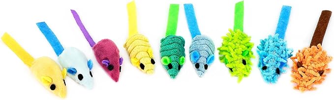 CHIWAVA 27PCS 2" Striped Shaggy Cat Toy Mice with Rattle Assorted Small Mouse Interactive Play for Indoor Cats Mix Color-Mewly Pet