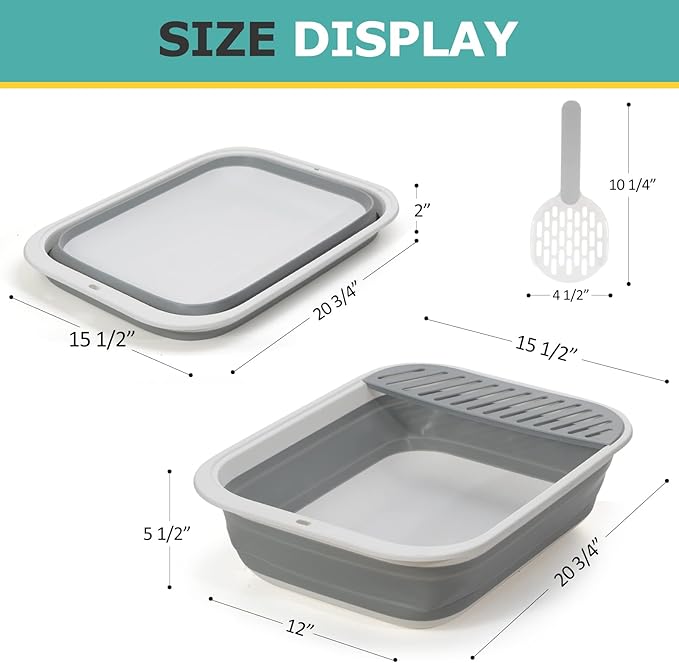Open Top Cat Litter Box, Large Foldable Kitty Potty with Height-Adjustable Sides and Anti-Splash Design, Easy Clean with Cat Litter Scoop (Gray)-Mewly Pet