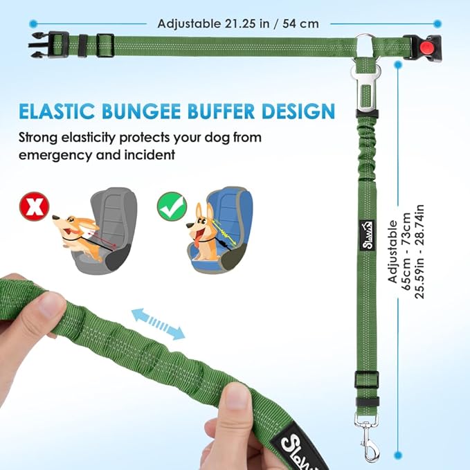 SlowTon Dog Seat Belt for Car, 2 Pack Dog Car Harness Seatbelt Adjustable with Elastic Bungee Buffer, 2 in 1 Pet Car Leash Headrest Restraint Dog Reflective Safety Tether (Green, Headrest+Clip)-Mewly Pet