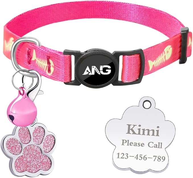 Personalized Breakaway Cat Collars Glow-in-The-Dark with ID Tag, Bell - Safety Quick - Release, Customizable for Female Male Kittens & Cats (Pink)-Mewly Pet