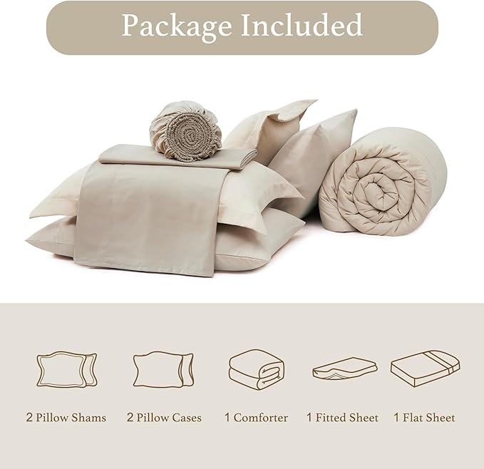 Monbix Full Size Comforter Set - 7 Pieces Beige Bed in a Bag Full Size Bedding Sets with Comforters, All Seasons Comforter with Sheets,Pillowcases & Shams