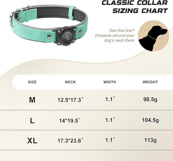 AirTag Dog Collar - Leather Dog Collar with Air Tag Holder | IPX8 Waterproof, Reflective, High - End, Adjustable Soft Padded | Dog GPS Tracker Collars Fit for Medium Large Dogs (Teal, L)-Mewly Pet