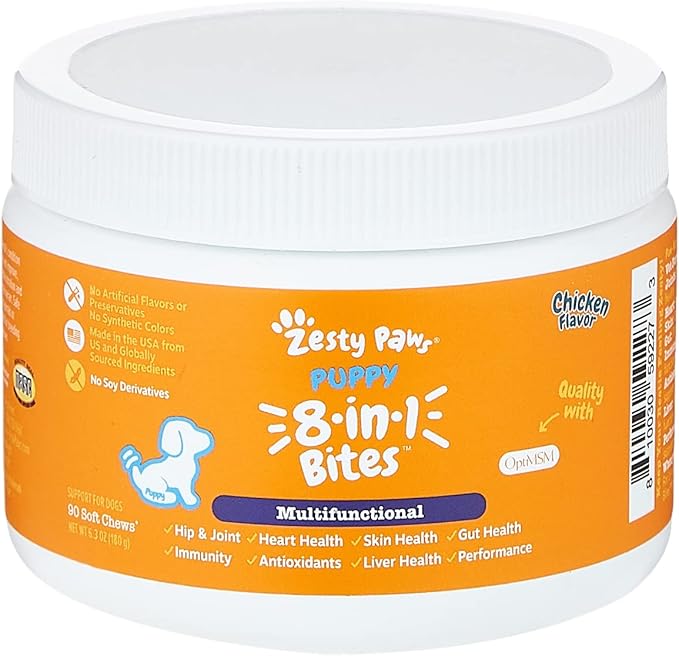 Zesty Paws Dog Multivitamin, Chewable Dog Vitamins and Supplements for Hip & Joints, Skin & Coat, Omega 3 Fish Oil for Dogs- Puppy Multivitamin - Chicken Puppy Bites- 90ct-Mewly Pet