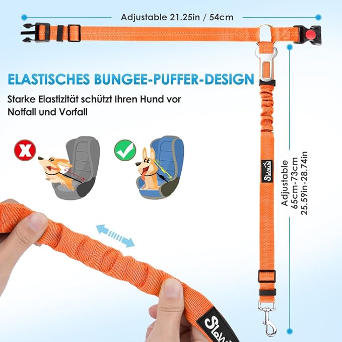 SlowTon Dog Seat Belt for Car, 2 Pack Dog Car Harness Seatbelt Adjustable with Elastic Bungee Buffer, 2 in 1 Pet Car Leash Headrest Restraint Dog Reflective Safety Tether (Orange, Headrest+Clip)-Mewly Pet