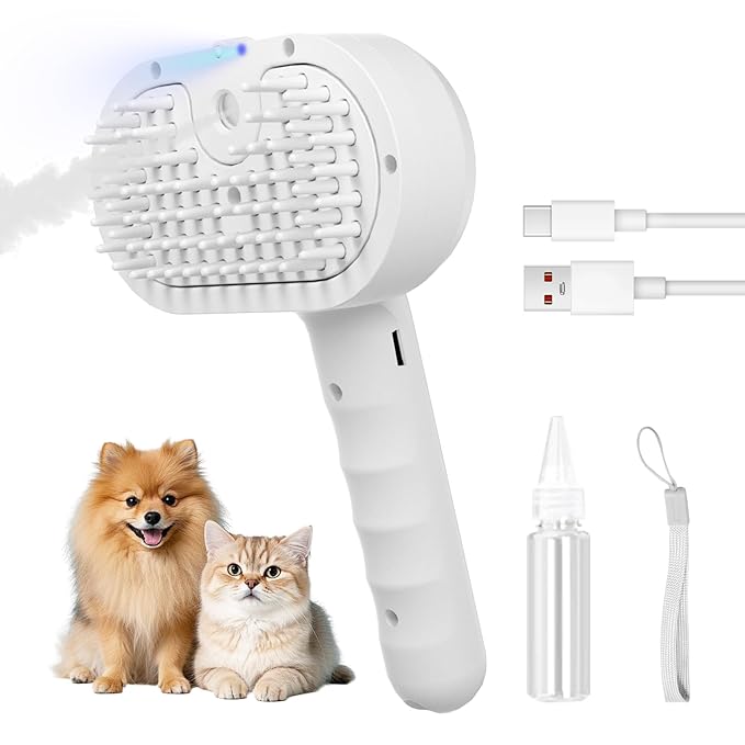 REIKIYA Cat Steam Brush,4-in-1 Spray Hair Removal Dog Brush for Shedding & Grooming with UV Light, Anti-Static Pet Spray Comb with One-Click Release Button-Mewly Pet