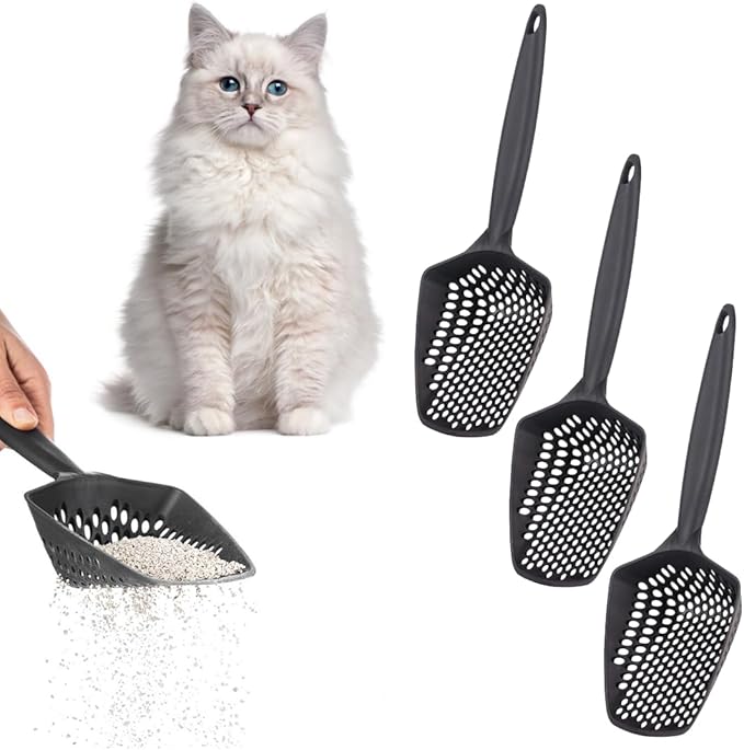 Set of 3 Cat Litter Scoop with Small Holes for Fine Litter, Hanging Handle Deep Reptile Terrarium Sand Sifter, Poop Scooper Rabbit Pooper Lifter Kitten Sifting Shovel (Black, Set of 3)-Mewly Pet