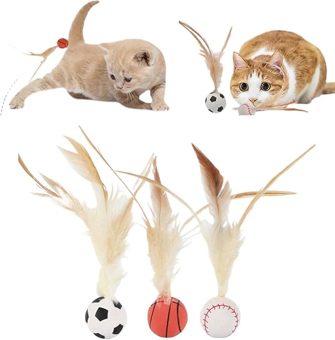2025 New Interactive Cat Feather Ball Toy Set - Elastic Bouncy Cat Toys with Feather Tails, Silicone Rolling Balls for Indoor Cats & Kitten Exercise, Safe & Fun Play (1 Set)-Mewly Pet