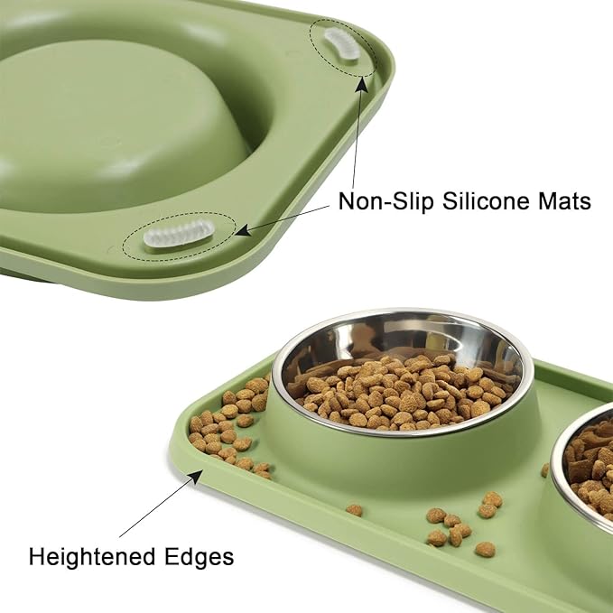 Cat Food Bowls, Cat Bowls Non-Skid and Non-Spill Silicone Pads with PP Stand, Removable Stainless Steel Food and Water Dishes for Cats, Small Size Dogs-Mewly Pet