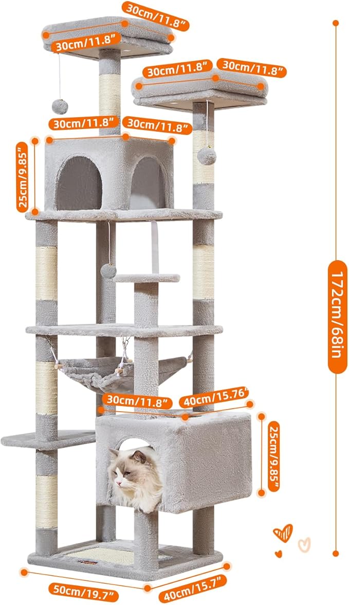 Taoqimiao Cat Tree, 68-Inch Cat Tree Cat Tower for Indoor Cats, Plush Multi-Level Cat Condo with 6 Scratching Posts, 2 Perches, 2 Caves,Hammock, 3 Pompoms,MS020SW Light Gray-Mewly Pet