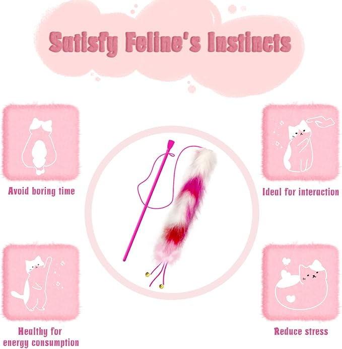 4 Pack Cat Wand Toy, Rainbow Cat Feather Toys with Bells, Teaser Wand with Soft Furry Tail, Interactive Toys for Indoor Cats & Kitten & Kitty-Mewly Pet