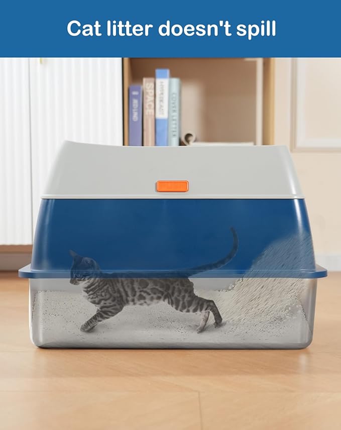 XL Stainless Steel Enclosed Litter Box with Covered for Indoor Cats, High Sides, Eliminates Odors, Easy Clean, Blue, FOXORU-Mewly Pet