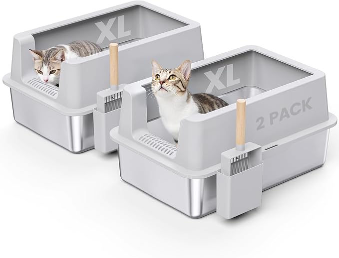 2 Pack Stainless Steel Cat Litter Box - Enclosed XL Metal Kitty Litter Box with Lid for Big Cats, High Sided, Anti-Leakage, Easy Cleaning, Non-Sticky, Included Cat Litter Spoon-Mewly Pet