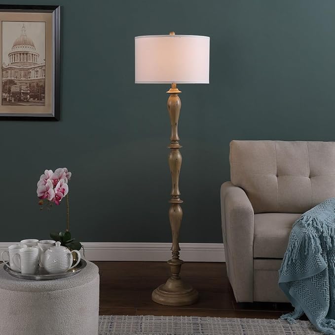 Design Floor Lamp Reading Light with Linen Shade, 61.5" Resin Farmhouse Floor Lamp, Vintage Standing Lamp for Living Room Bedroom Office (Brown 2 Packs)
