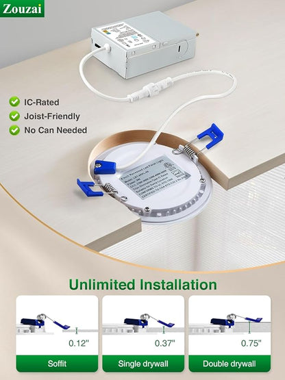 zouzai 12 Pack 4 Inch 5CCT Reset 6000k/5000k/4000k/3000k/2700k Ultra-Thin LED Recessed Ceiling Light with Junction Box, 9W Eqv 80W, Dimmable, led can Lights - ETL and Energy Star Certified
