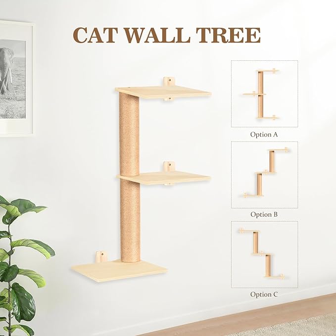 Cat Wall Shelves and Perches, Wall Mounted Cat Furniture with Hammock, Bridge, Tree, Steps and Scratching Posts, Wooden Climbing System for Indoor Large Cats and Kittens-Mewly Pet