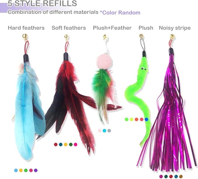 Cat Toy Wand, Interactive Feather Teaser Cat Toys Set, Retractable Cat Fishing Rod with 5pcs Refills (Purple)-Mewly Pet