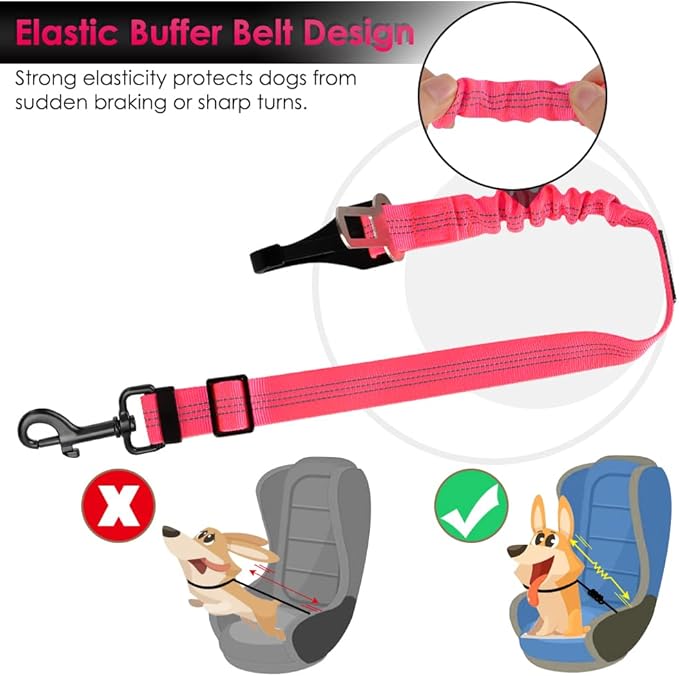 SlowTon 2 Pack Dog Seat Belt, 2 in 1 Attachment, Hook Latch Bar or Seatbelt Buckle with Elastic Nylon Bungee Buffer Adjustable Reflective Nylon Safety Belt Tether Connect to Dog Harness (2pack-FL)-Mewly Pet