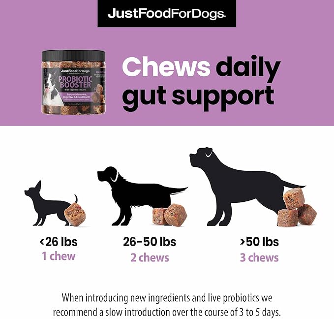 JustFoodForDogs Probiotic Booster Gut Health Soft Chews Supplement for Dogs, Digestive Health Support, Diarrhea, Human Grade Ingredients - 45 Count-Mewly Pet