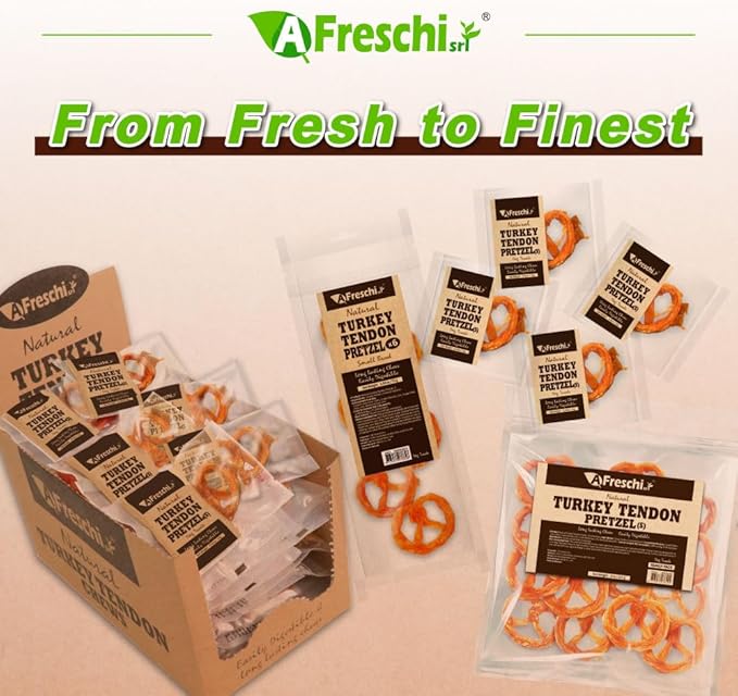 Afreschi Natural Turkey Tendon Pretzel (S) 8oz, USA-Sourced Turkey Tendon, All Natural Puppy Chew, Hypoallergenic, Rawhide Alternative, for Small Breeds-Mewly Pet
