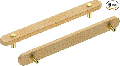 Wooden Drawer Pulls,6-Pack Beech Wood Drawer Handles 6.3in,Suitable for Kitchen, Living Room, Bedroom, Bathroom and Other Scenes,Gold