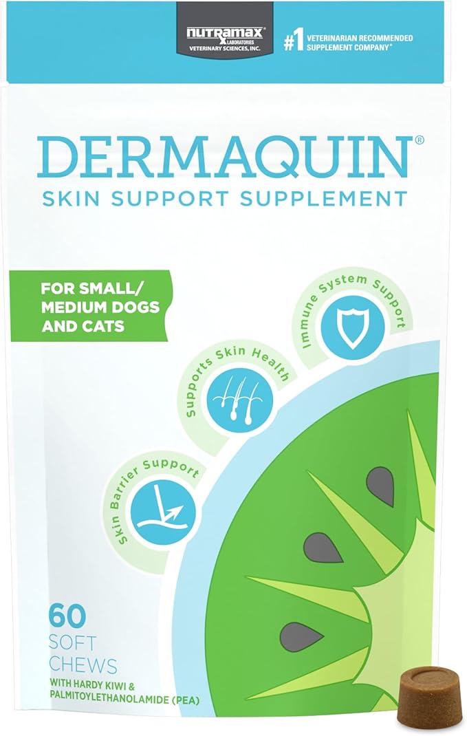 Nutramax Dermaquin Skin Support Supplement for Small to Medium Dogs and Cats, Supports Healthy Response to Allergens, with Hardy Kiwi, Omega-3s, and More, Tasty Soft Chews, 60 Count-Mewly Pet