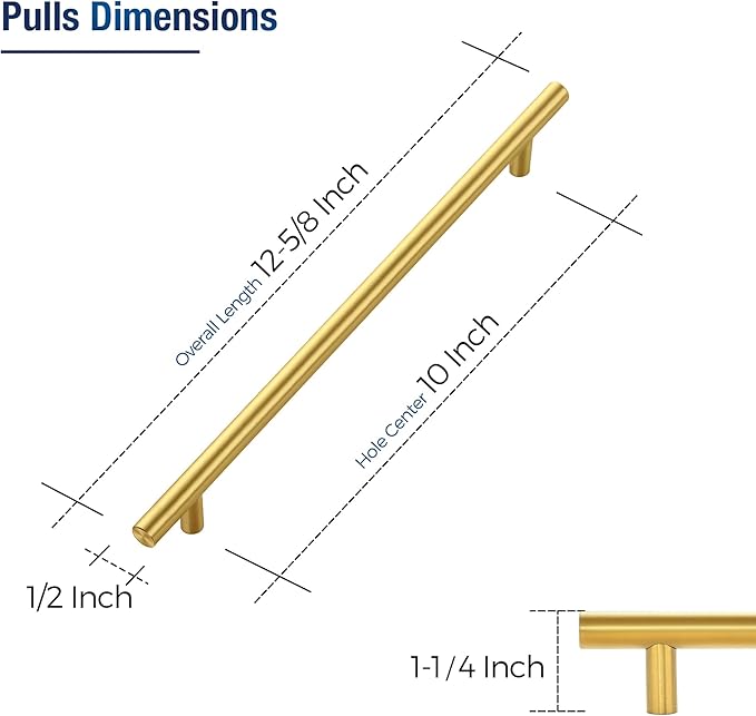 JOY DECOR 10 Pack Cabinet Handles, Gold Cabinet Pulls, 10 in Hole Center Kitchen Cabinet Handles, Stainless Steel T Bar Handles for Dresser Drawers