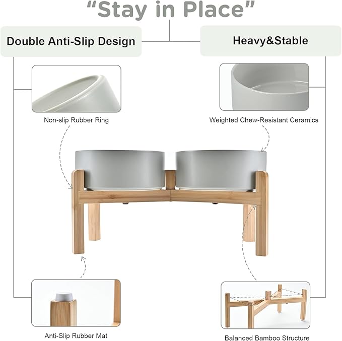 SPUNKYJUNKY Elevated Dog Bowls Ceramic, 7.3'' Dogs Food Water Bowls Raised with Non-Slip Bamboo Stand for Medium to Large Sized Breed Microwave Dishwasher Safe - 42 OZ,Grey-Mewly Pet