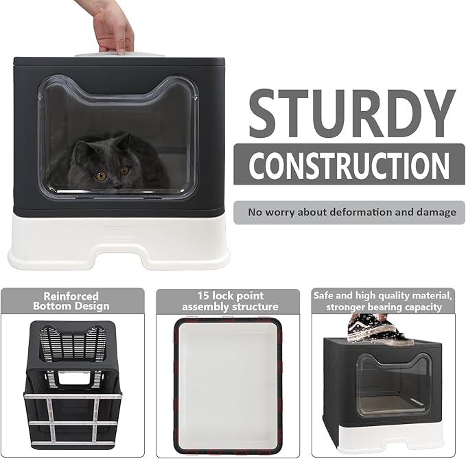 Foldable Cat Litter Box with Lid, Enclosed Potty, Large Top Entry Anti-Splashing Toilet, Easy to Clean Including Litter Scoop and 2-in-1 Cleaning Brush (Black)-Mewly Pet