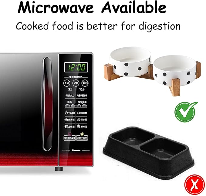 Petygooing Dog Bowls Ceramic, Cat Dog Bowl Set with Wood Stand for Food and Water,Non-Slip Cute Modern Pet Dishes for Cats Medium Size Dogs (28OZ/6.1 in) Black Dot-Mewly Pet