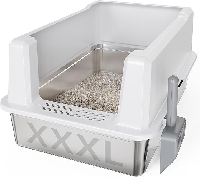 Tripamin XXL Stainless Steel Litter Box with High Sides 28"x20.5"x14" Extra Large Metal Litter Box for Big Cats&Multiple cat, Jumbo Top Entry Litter Pan with lid (White, XXX-Large)-Mewly Pet