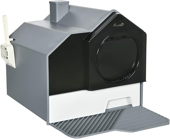 PawHut Hooded Cat Litter Box with Kitty Litter Mat, Kitty Litter Pan with Odor Control, Easy-Clean Pull-Out Drawer, Handle, Scoop, Gray-Mewly Pet