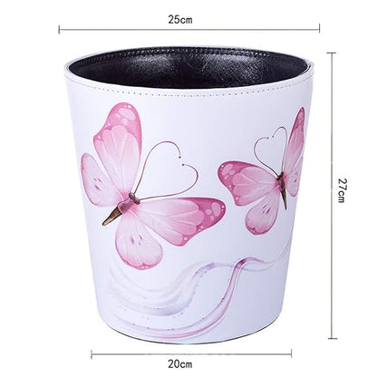 10L/2.64 Gallon PU Leather Trash Can Decorative Waterproof Wastebasket Paper Basket Garbage Bin for Home Office Bathroom - Pink Butterfly