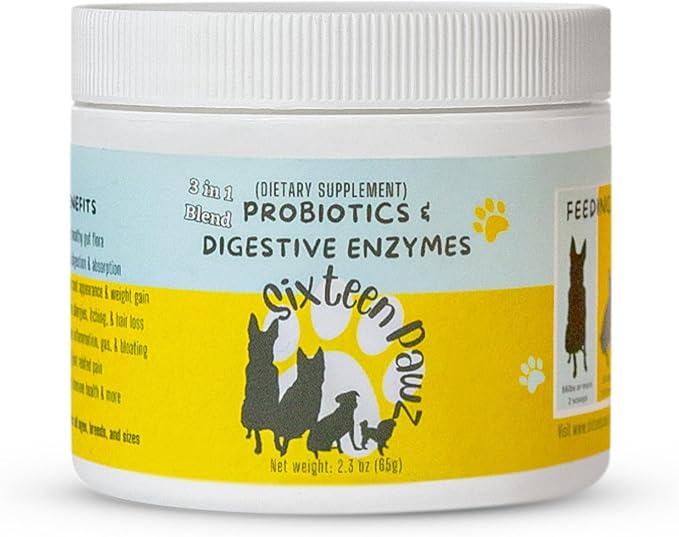 Dog & Cat Probiotics, Prebiotics, & Digestive Enzymes – Flavorless Powder for Gut Health, Allergies, Itchy Skin, Gas & Diarrhea – Organic, Vet-Approved – 65g Bottle (Up to 65 Servings)-Mewly Pet