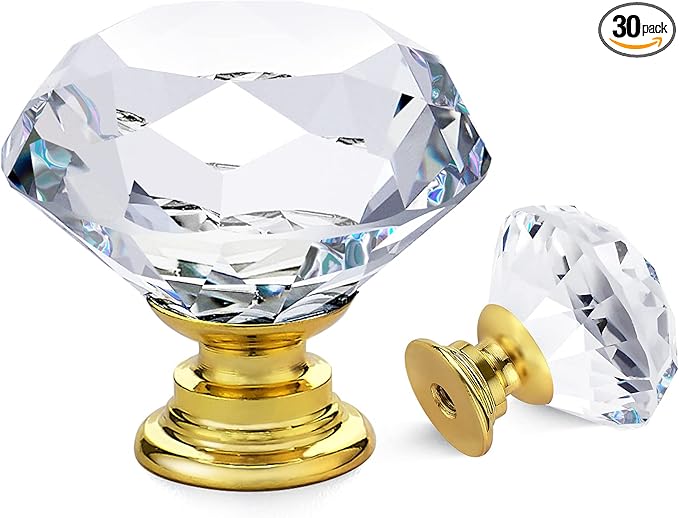 Ravinte 30 Pack Crystal Drawer Knobs - Glass Cabinet Knobs, Diamond Shaped, 30 mm, Gold Base