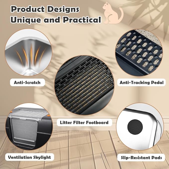 Vivifying Stainless Steel Litter Box, XL Side Entry Extra Large Litter Box with Lid for Big Cats & Kitty, Removable Enclosed Metal Cat Pan with High Sided Enclosure, Scoop, Mat, Footboard (Black)-Mewly Pet