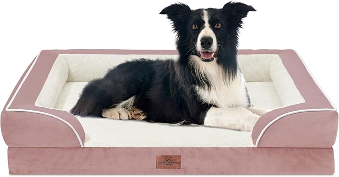 Comfort Expression Large Dog Beds Waterproof Orthopedic Foam Dog Beds for Large Dogs Sofa Comfy Pet Bed with Non-Slip Bottom & Washable Removable Cover(Pink)-Mewly Pet