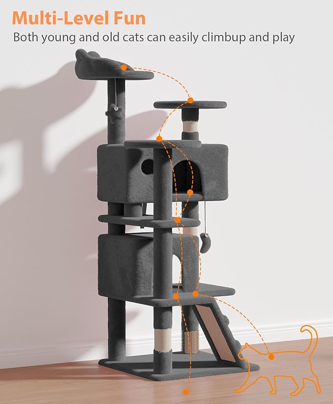 54" Cat Tree Tower for Indoor Cats Large Adult,Cute/Tall Modern Cat Tree for Big Cats 20 lbs, Plush Multi-Level Cat Condo with Scratching Posts,Hammock, Dangling Ball (Smoky Gray, 54 inch)-Mewly Pet