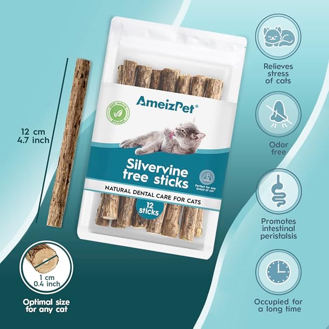 Catnip Sticks for Cats, Cat Dental Chew Sticks - Natural Matatabi Cats Dental Care, Silvervine Cat Teeth Cleaning (12 pcs)-Mewly Pet