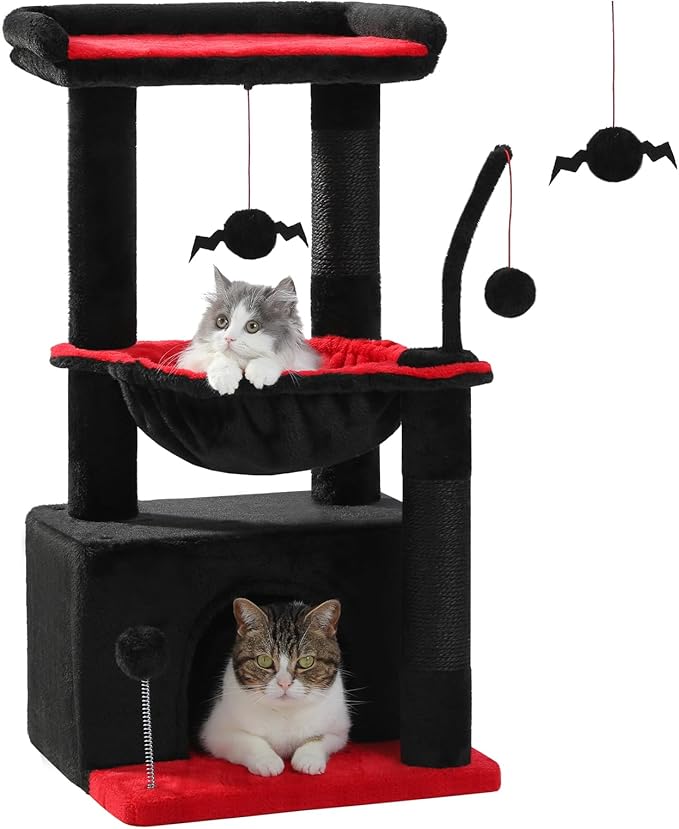 PEQULTI 4-in-1 Gothic Cat Tree, 33'' Cat Tower for Indoor Cats with Large Condo, Cat Scratching Post for Cats with Deep Hammock& Cozy Top Perch,Black-Mewly Pet
