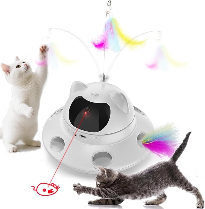 Cat Laser Toy,Automatic Laser cat Toy 3-in-1 Interactive Automatic Motion Activated Moving 6 Holes Whack A Mole Feather, USB Rechargeable Electronic Smart Sensor Kitten Toys for Indoor Exercise-Mewly Pet
