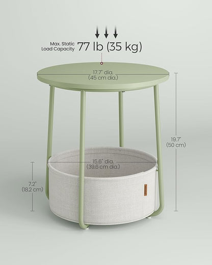 VASAGLE LILEA Collection - Small Round Side End Table, Modern Nightstand with Fabric Basket, Laurel Green and Cream White ULET223C69