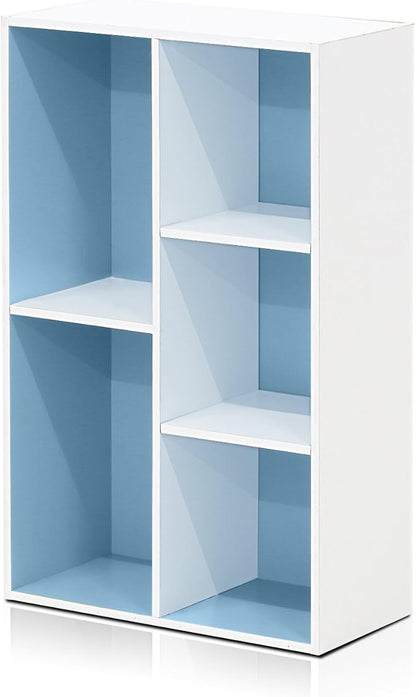 Furinno LUDER Book Shelf, 5-Cube Bookshelf, Reversible Bookcase, 9.4" x 19.5" x 31.5", for Living Room, Bedroom, Home Office, White/Light Blue