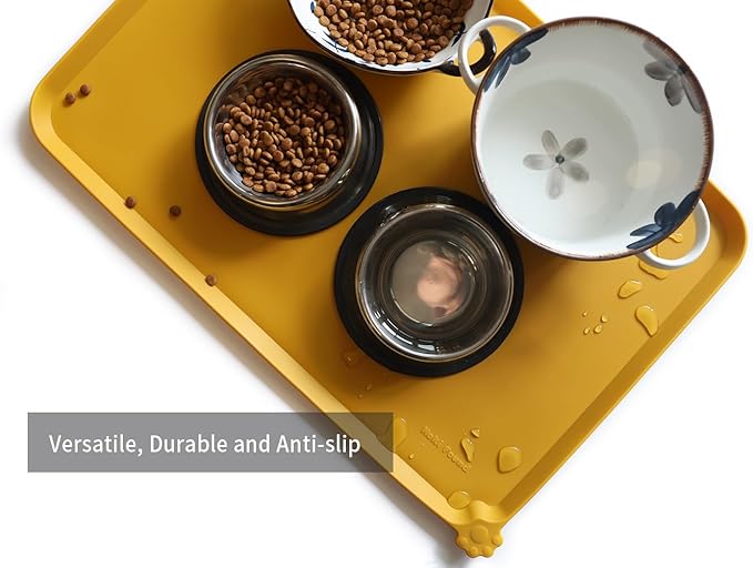 Hoki Found Large Silicone Pet Food Mats Tray - Non Slip Pet Dog Cat Bowl Mats Placemat - Dog Pet Cat Feeding Mat - Waterproof Dog Cat Food Mats -Pet Water Mats for Carpet - Honey-Mewly Pet