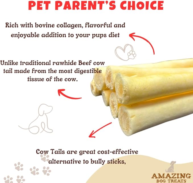 Amazing Dog Treats - 6 Inch Cow Tail Dog Chew- Thick - (20 Pcs/Pack) - Premium Quality - Sourced from Grass Fed Cattle - Long Lasting Dog Chew- Rawhide Alternative-Mewly Pet