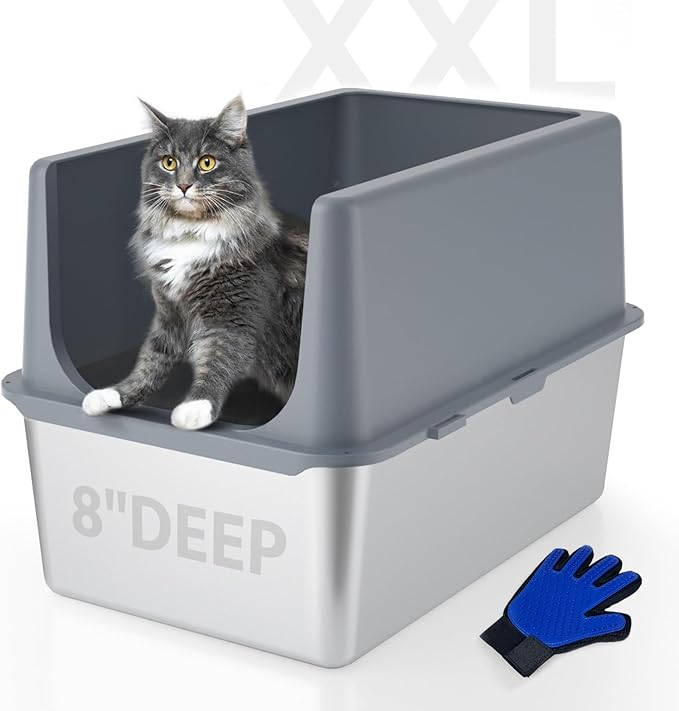 LIHONG Stainless Steel Litter Box with Lid, XL Metal Cat Box for Indoor Cats, Enclosure Cat Litter Pan for Large Cats, Non-Sticky Large Kitty Litter Box, Anti-Leakage, 23.5" X 15.5" X 16"-Mewly Pet