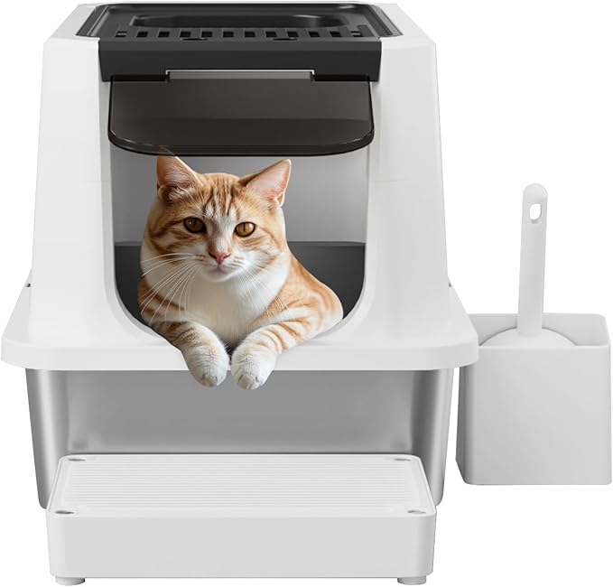 RIZZARI Stainless Steel Cat Litter Box, Odorless Enclosed Litter Box with Top Holes, Large Litter Pan for Small to Large Sized Cats (Black, 23.8" L*15.9" W*16.1" H)-Mewly Pet